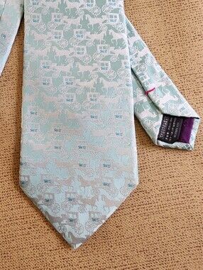 Designer Logo Necktie Light Aqua Horse & Carriage Rare Vtg Men Tie Mila Schon